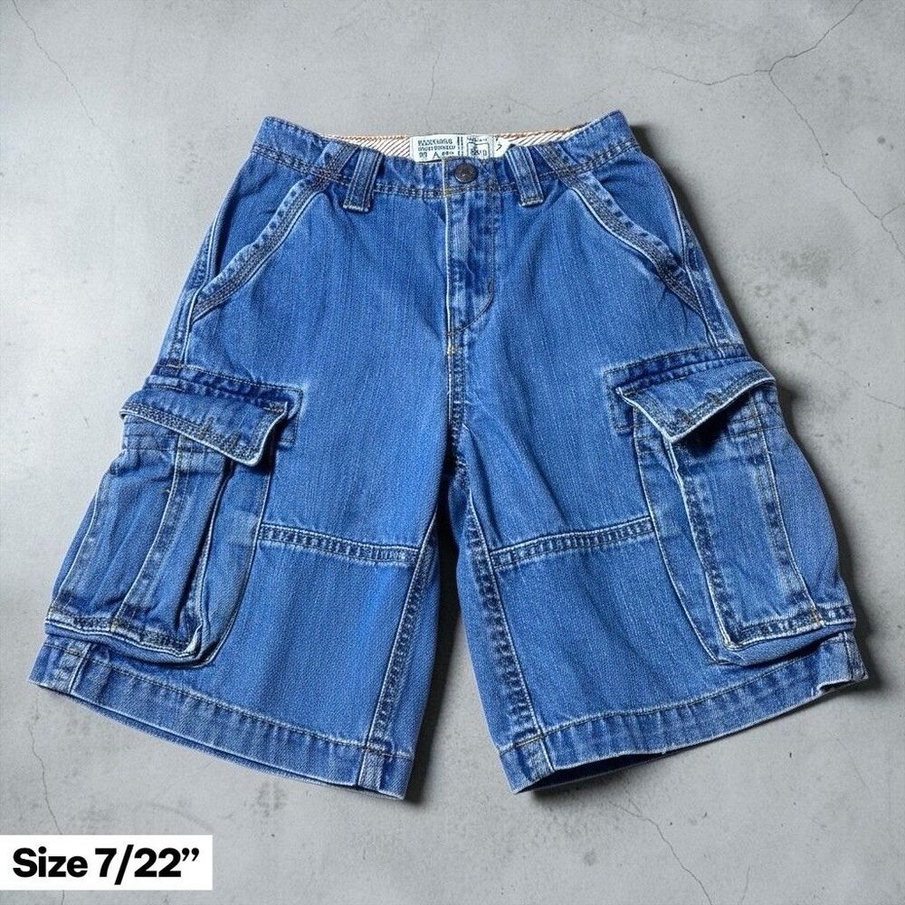 Vintage 90s Jean Cargo Shorts Boys Size 7/ 22'' Waist Blue Baggy Skater Hip Hop